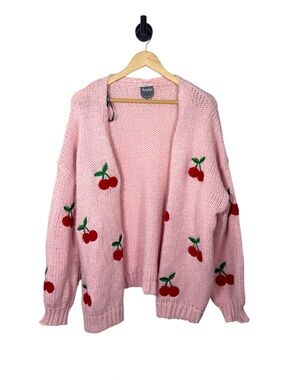 Arula by Altar'd State Novelty Cherry Chunky Cardigan Pink Oversized 2X